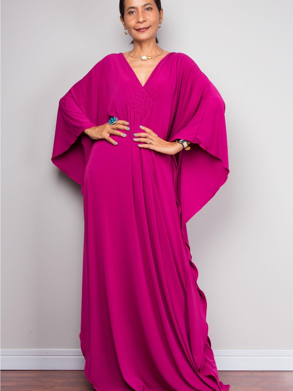Women's Magenta V-Neck Maxi Dress with Draped Sleeves